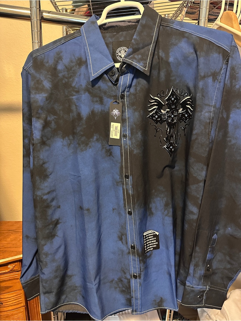 Affliction Blue and Black Tie-Dye Button-Down Shirt with Embroidered Cross